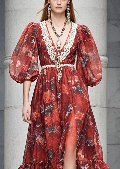 Red V Neck Print Chiffon Dresses Flare Sleeve