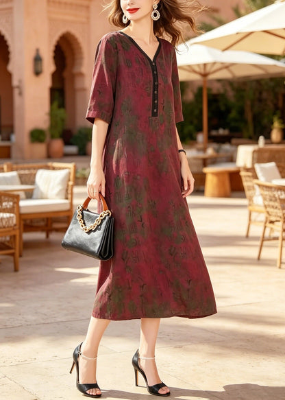 Red V Neck Print Patchwork Silk Dresses Summer
