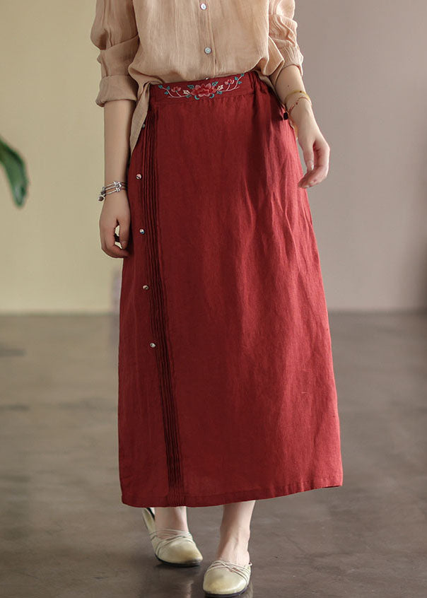 Red Wrinkled Embroidered Patchwork Cotton Skirts Summer