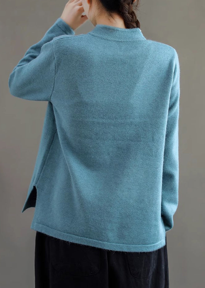 Retro Peacock Blue Stand Collar Knit Sweater Spring