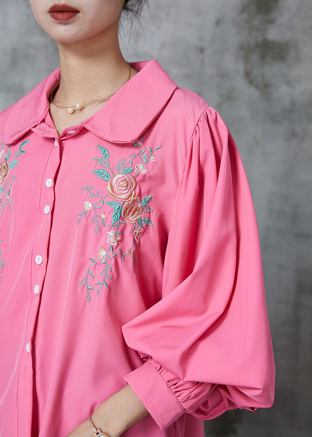 Rose Embroidered Cotton Shirt Tops Lantern Sleeve