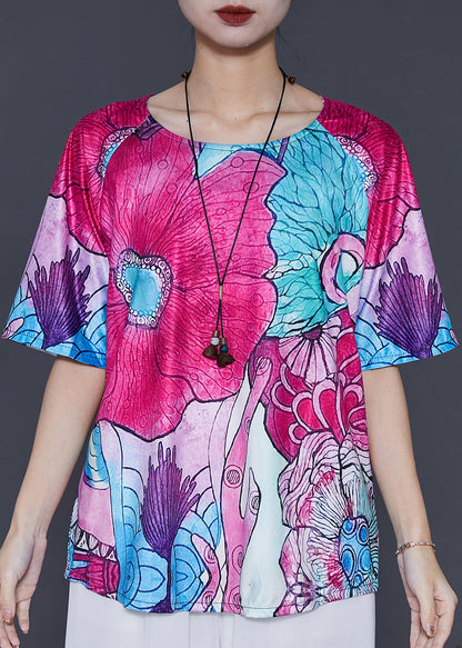 Rose Oversized Print Silk Blouse Top Summer