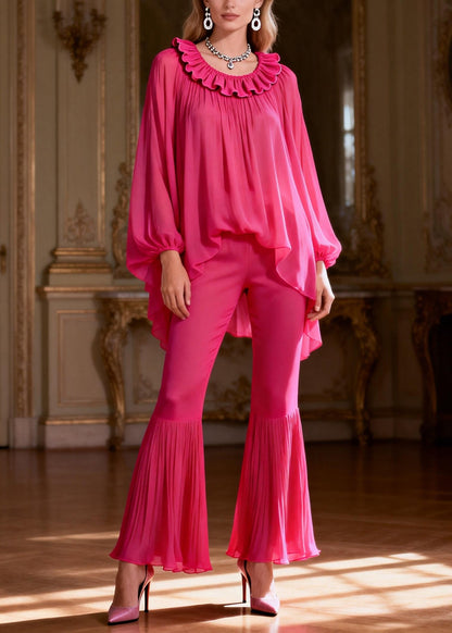 Rose Ruffled Low High Design Chiffon Two Piece Set Spring