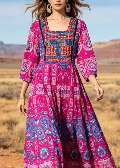 Rose Square Collar Print Cotton Long Dresses Summer