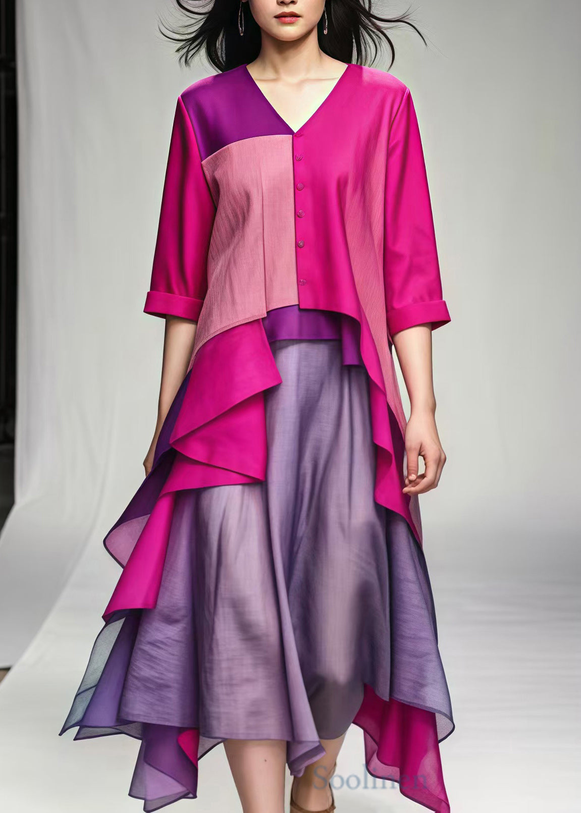 Rose V Neck Patchwork Cotton Vacation Dresses Summer