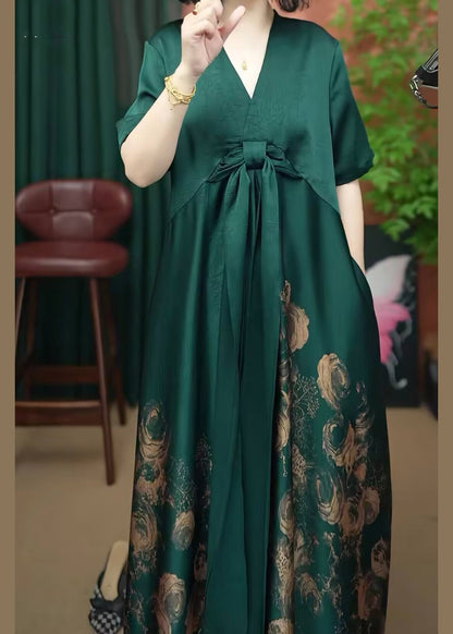Rose V Neck Print Patchwork Silk Long Dress Summer