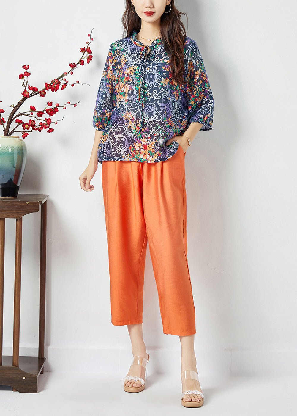 Ruffled Lace Up Print Cotton Tops and Pants Two Pieces Set Summer