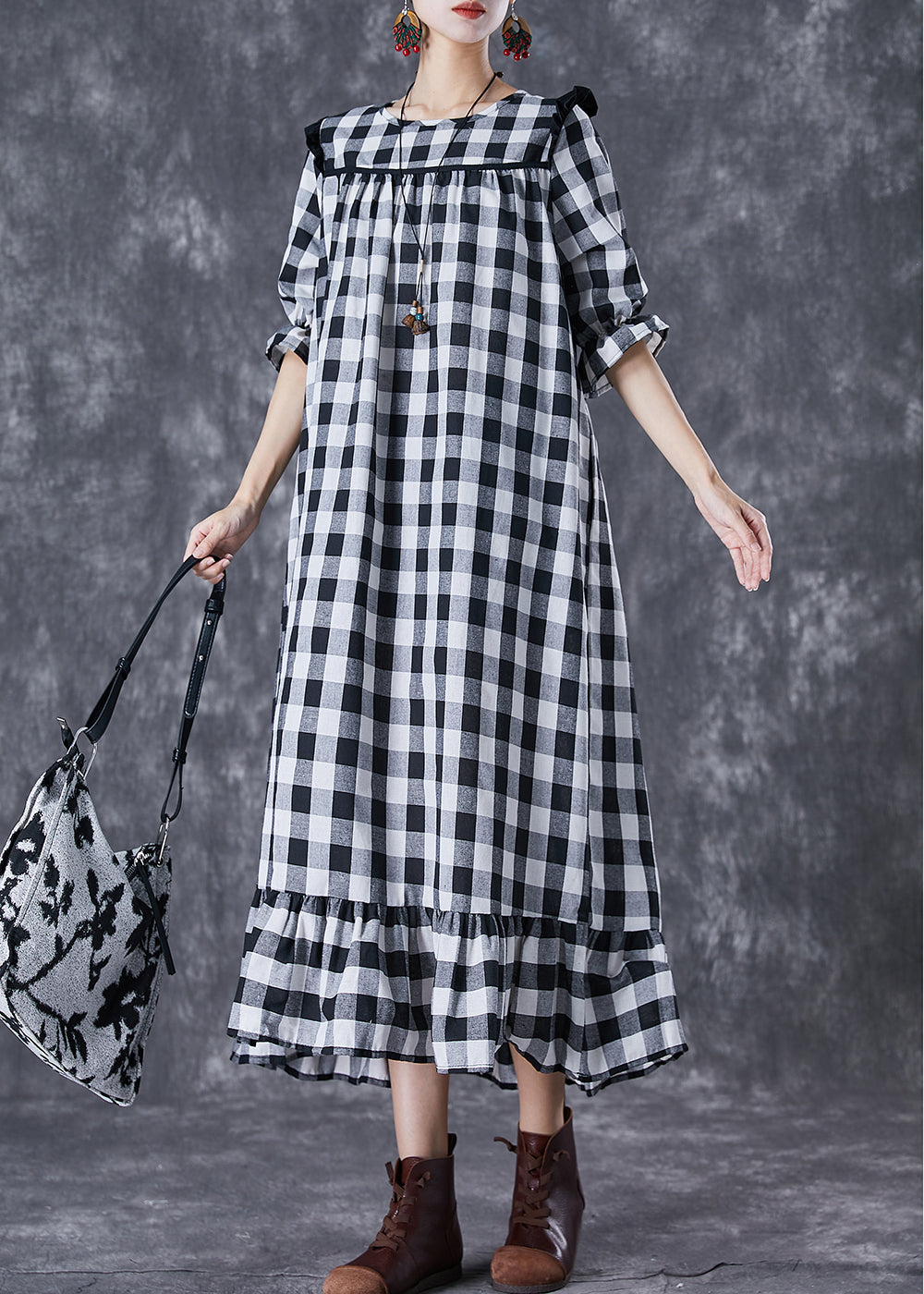 Ruffled Patchwork Plaid Cotton Ankle Dress Summer