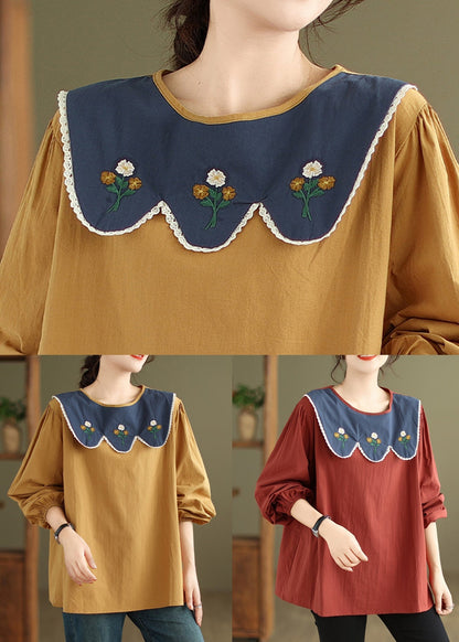 Rust Embroidered Patchwork Cotton Top Fall