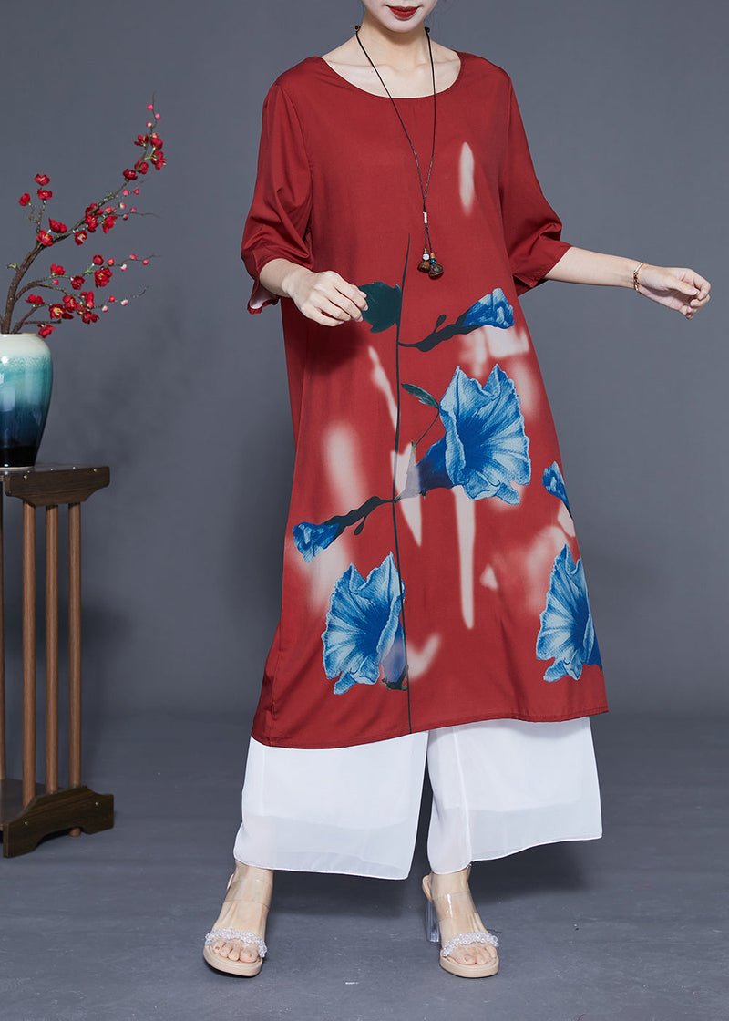 Rust O-neck Morning Glory Print Silk Robe Dresses Half Sleeve
