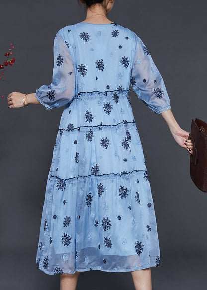 Sea Blue Embroidered Silk Cinched Dress Summer