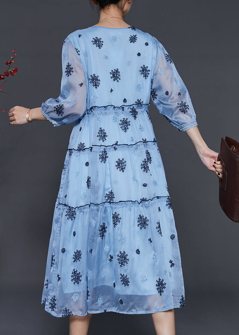 Sea Blue Embroidered Silk Cinched Dress Summer