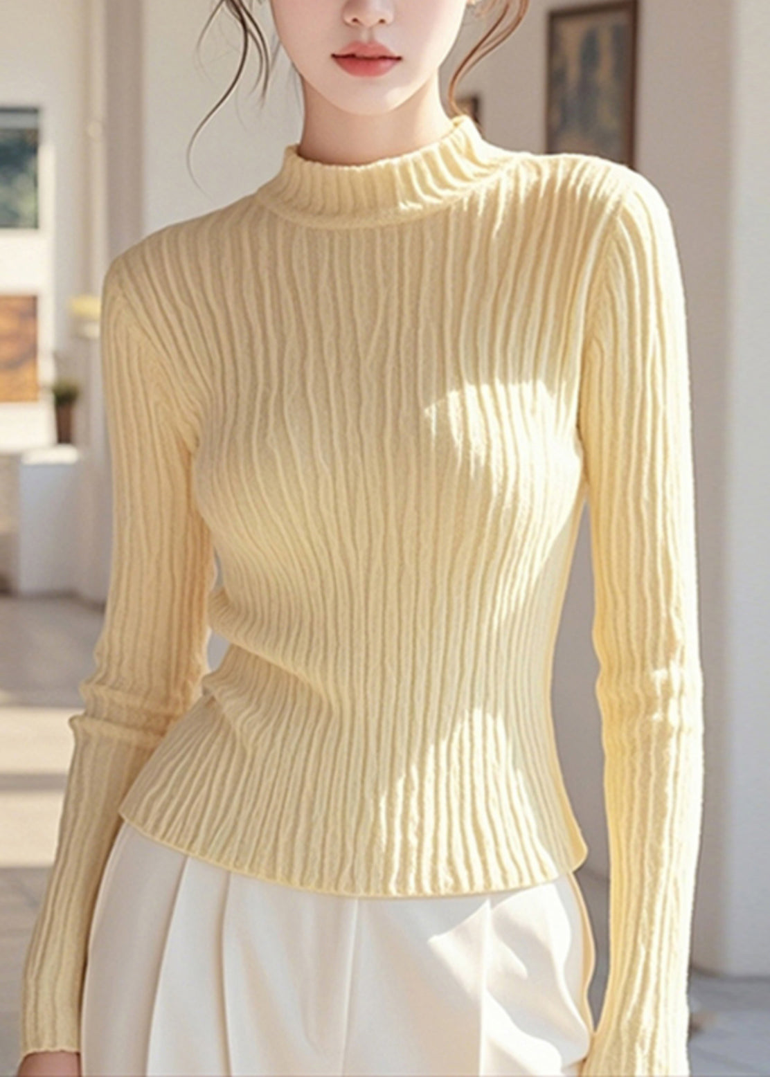 Simple Yellow Half High Neck Knit Pullover Spring