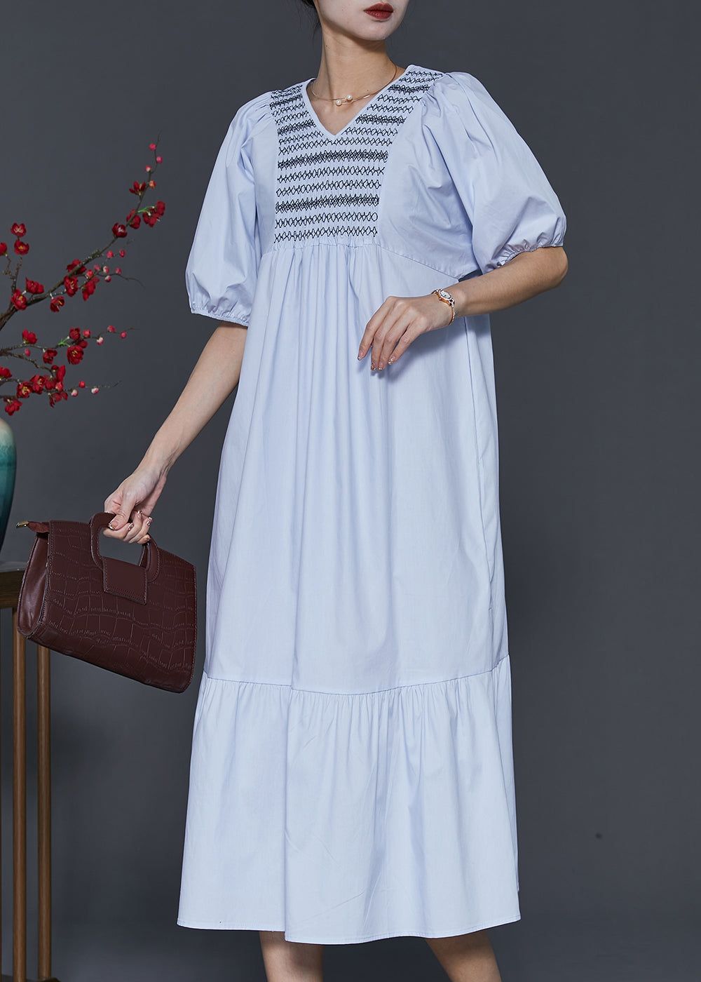 Sky Blue Embroidered Patchwork Cotton Dresses Summer