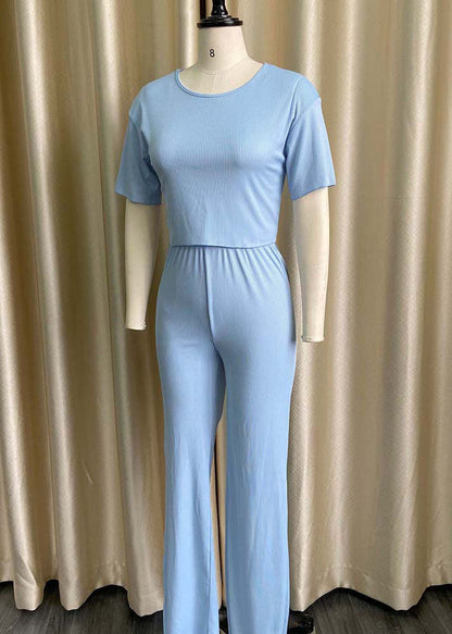 Sky Blue O Neck Tops and Pants Knitting Cotton Two Piece Set Summer