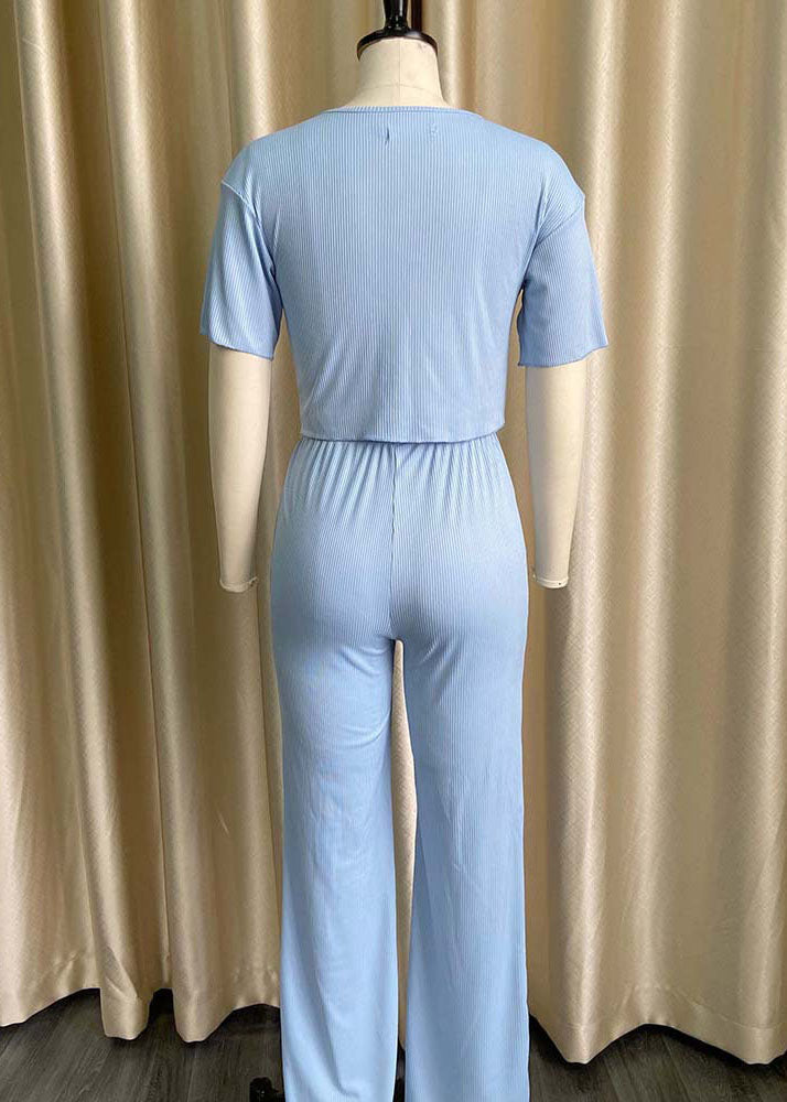 Sky Blue O Neck Tops and Pants Knitting Cotton Two Piece Set Summer