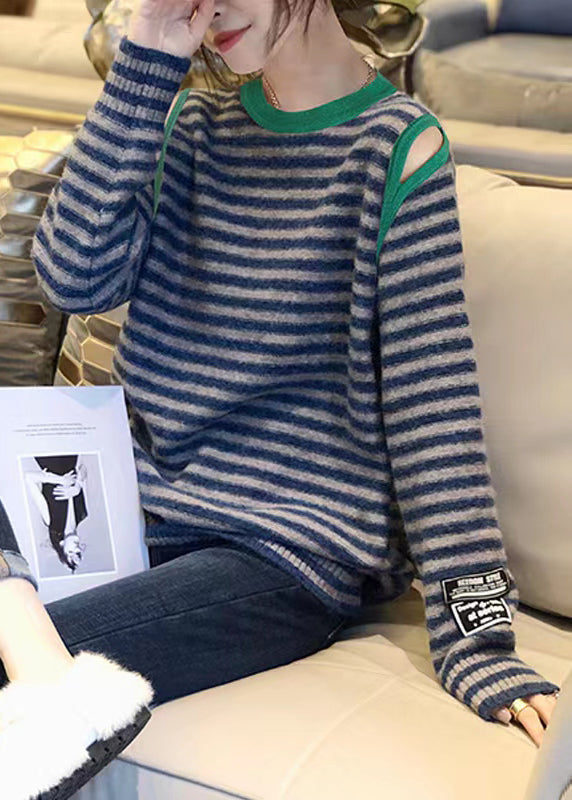 Striped O Neck Hollow Out Patchwork Knit Sweaters Top Fall
