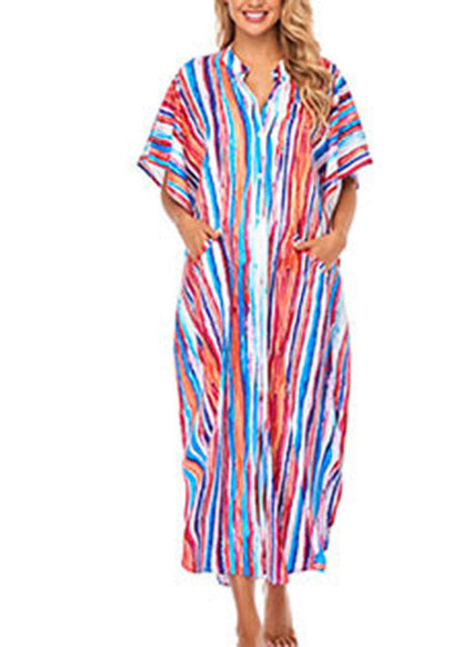 Striped Side Open Button Maxi Beach Dress Short Sleeve