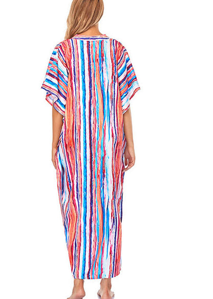 Striped Side Open Button Maxi Beach Dress Short Sleeve