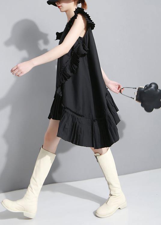 Summer Black Sleeveless Pleated Ruffles Dress