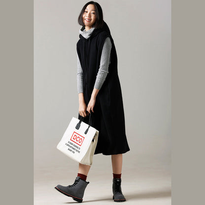 Sweater Weather Refashion Fall Hooded Black Big Knitted Tops Sleeveless