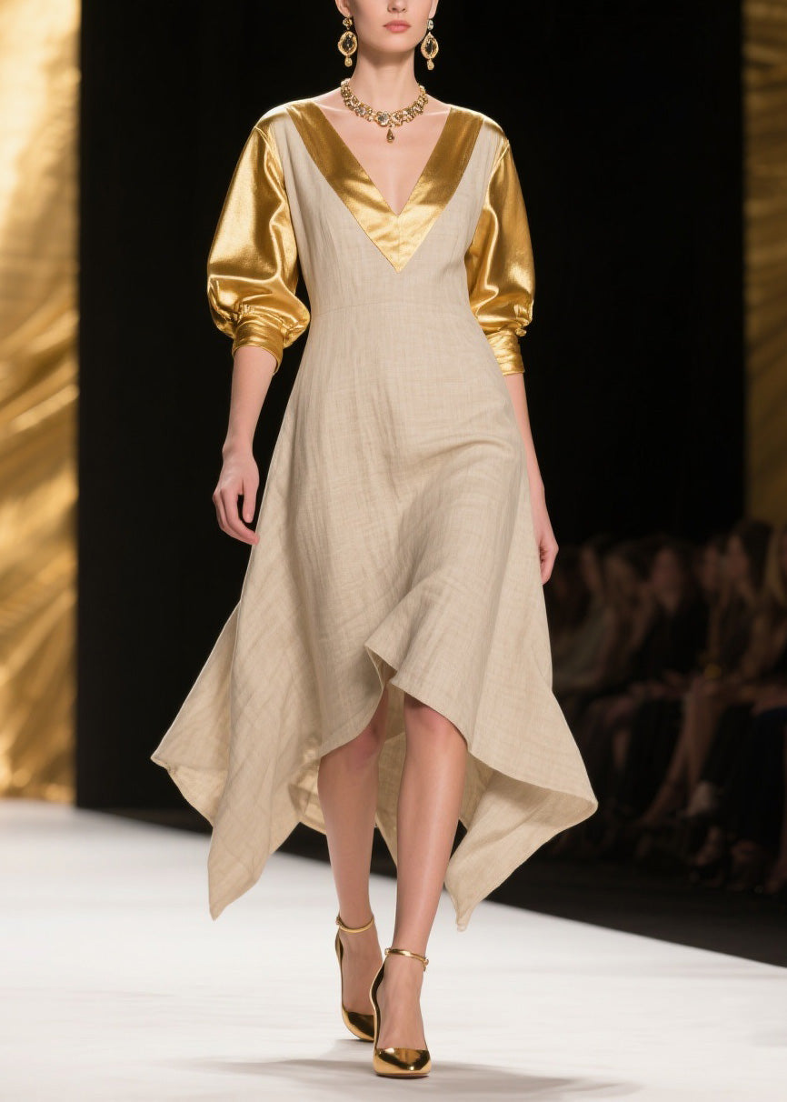 V Neck Asymmetrical Design Patchwork Linen Silk Dress Summer