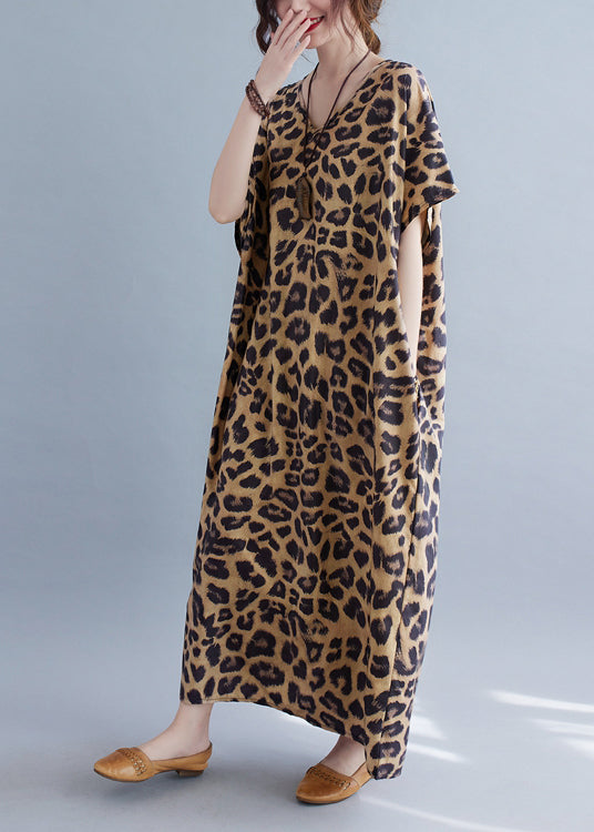 V Neck Leopard Print Silk Long Dresses Summer