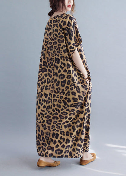 V Neck Leopard Print Silk Long Dresses Summer