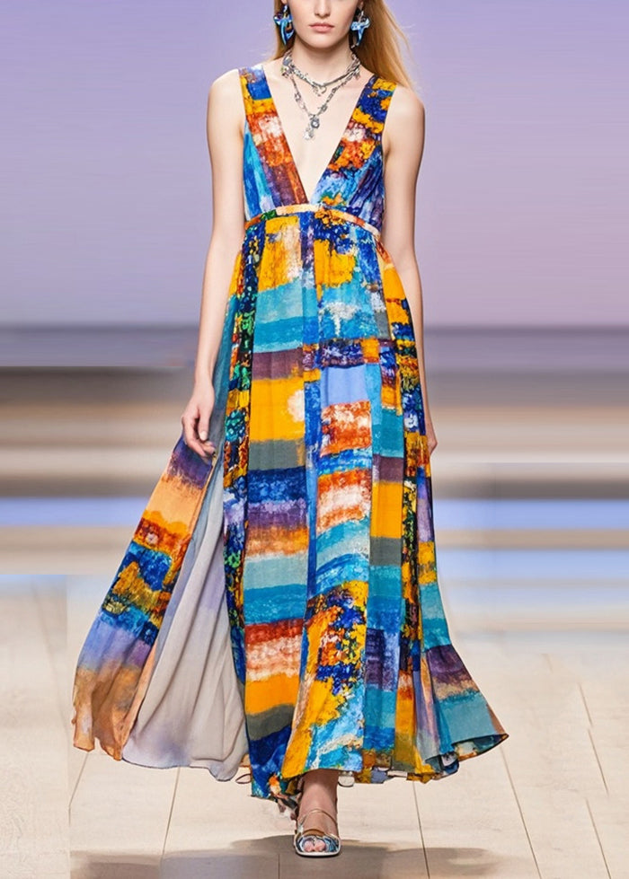 V Neck Print Chiffon Long Dress Sleeveless