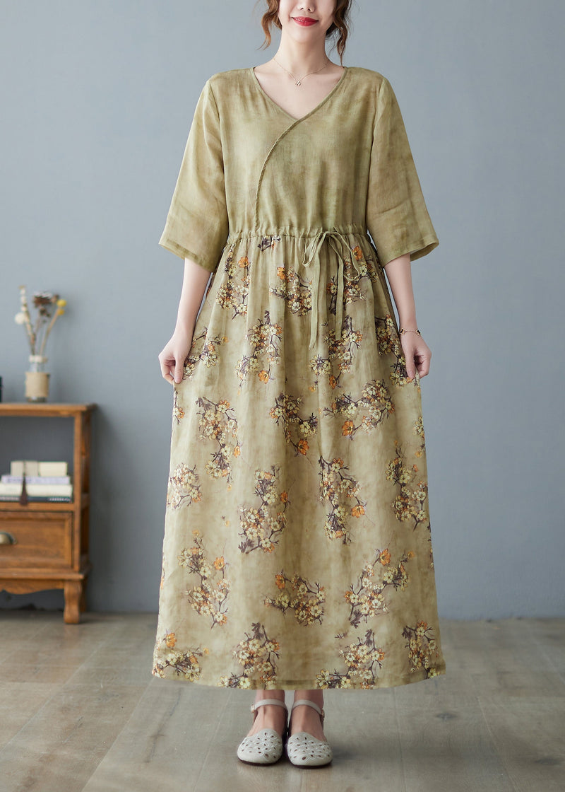 V Neck Print Drawstring Linen Maxi Dress Half Sleeve