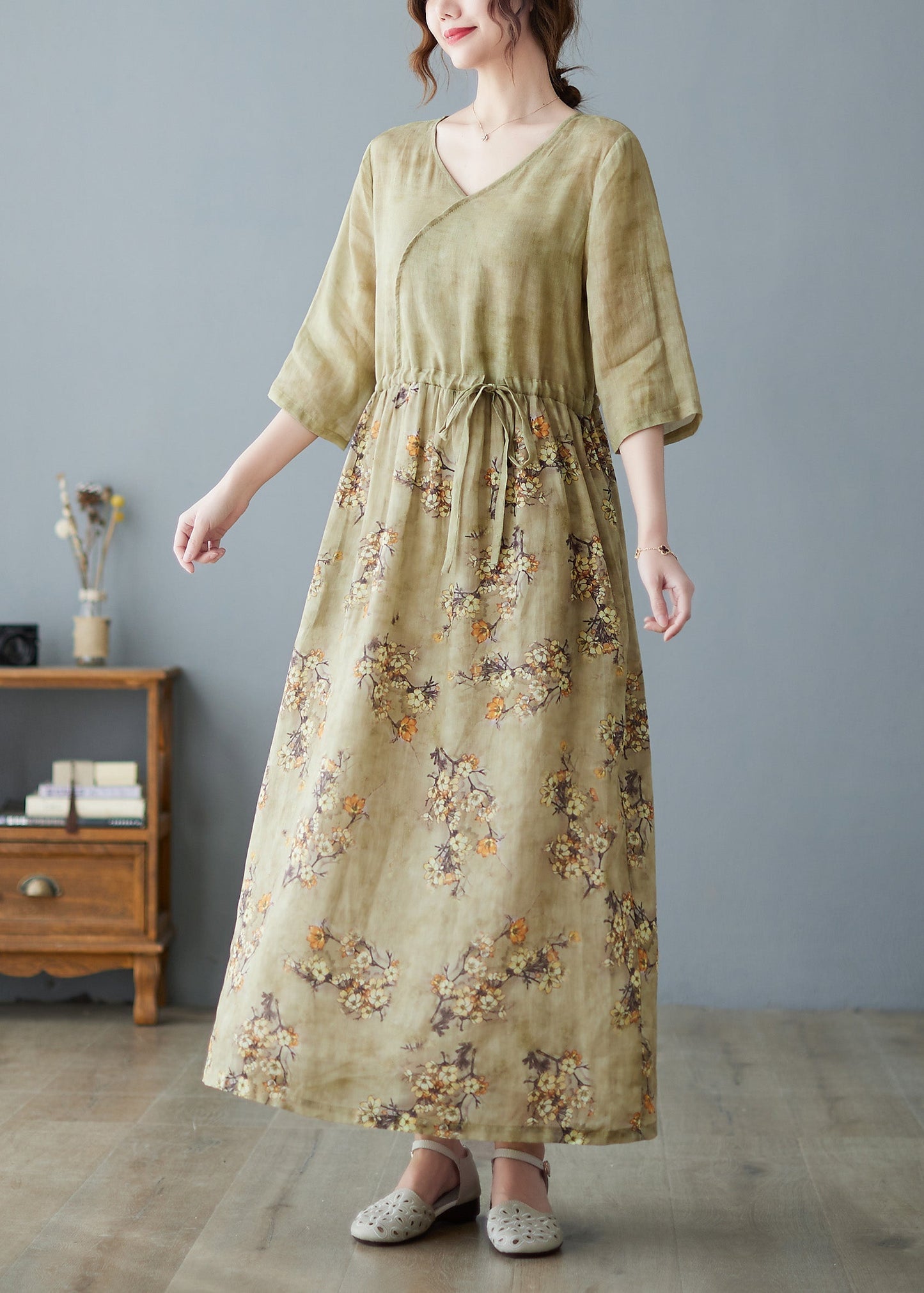 V Neck Print Drawstring Linen Maxi Dress Half Sleeve