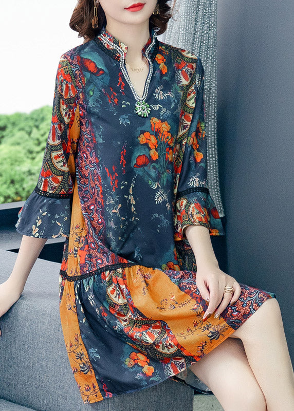 V Neck Print Patchwork Chiffon Mid Dresses Summer