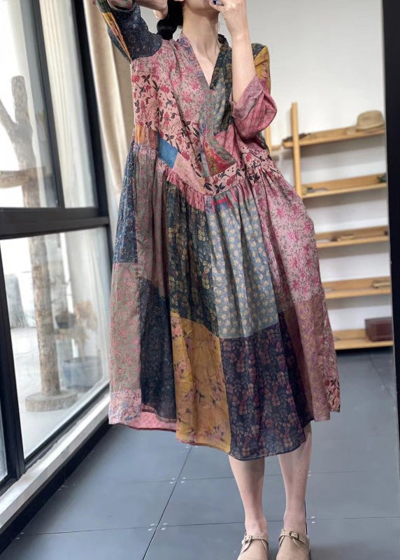 V Neck Print Wrinkled Maxi Dress Summer