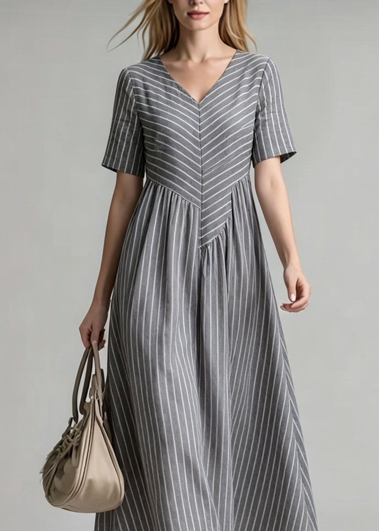 V Neck Striped Patchwork Cotton Dress Summer