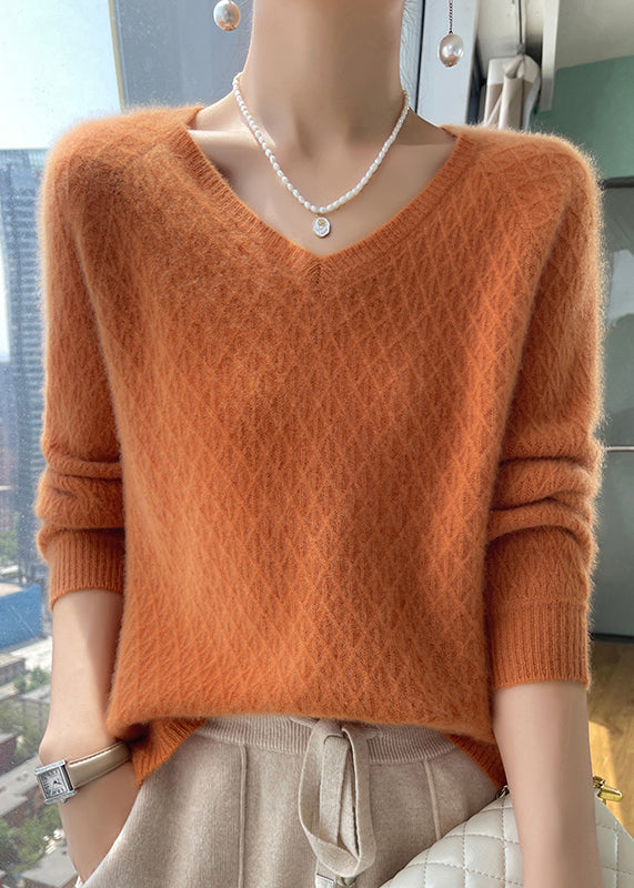 Versatile Pink V Neck Knit Sweaters Top Winter