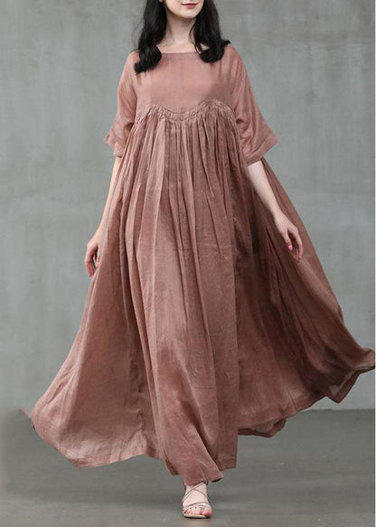 Cotton Color Pleats Half Sleeve Swing Maxi Dresses