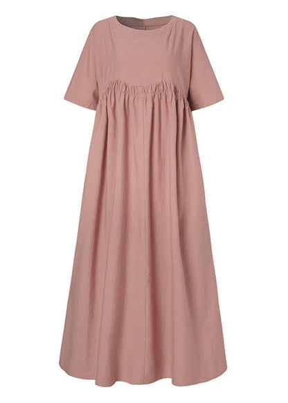 Cotton Color Pleats Half Sleeve Swing Maxi Dresses