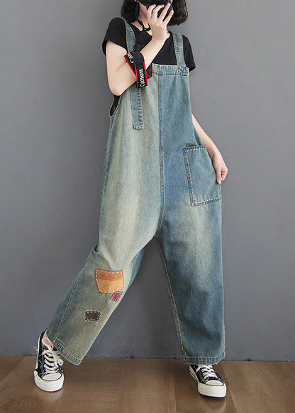 Washing Blue Patchwork Cozy Denim Long Jumpsuit