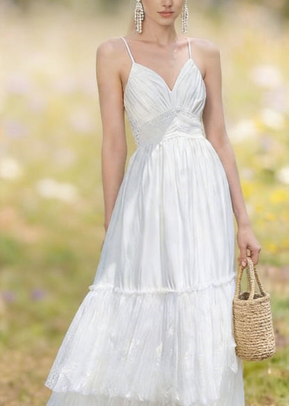 White Backless Patchwork Lace Spaghetti Strap Summer
