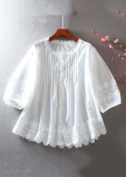 White Button Hollow Out Lace Patchwork Shirt Bracelet Sleeve
