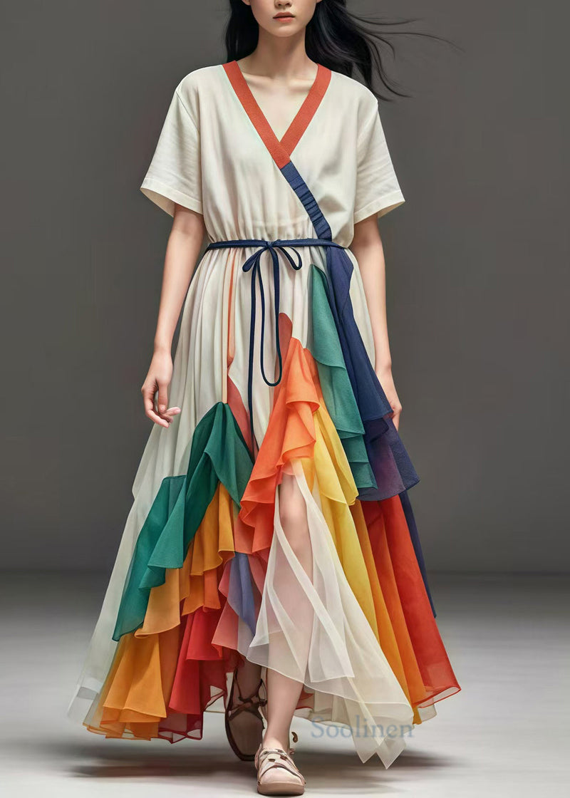 White Cinched Patchwork Tulle Maxi Dresses Summer
