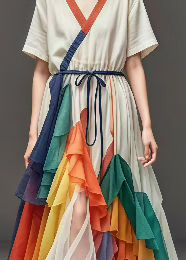 White Cinched Patchwork Tulle Maxi Dresses Summer