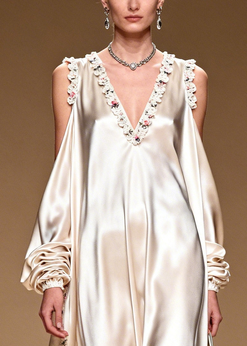 White Cold Shoulder Exra Large Hem Silk Dinner Dresses Summer