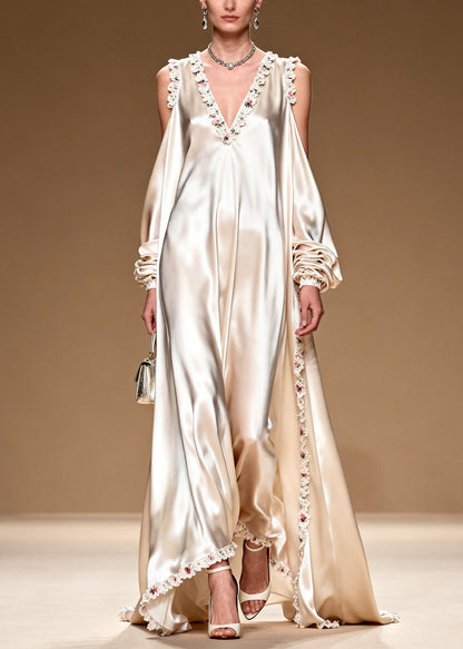 White Cold Shoulder Exra Large Hem Silk Dinner Dresses Summer