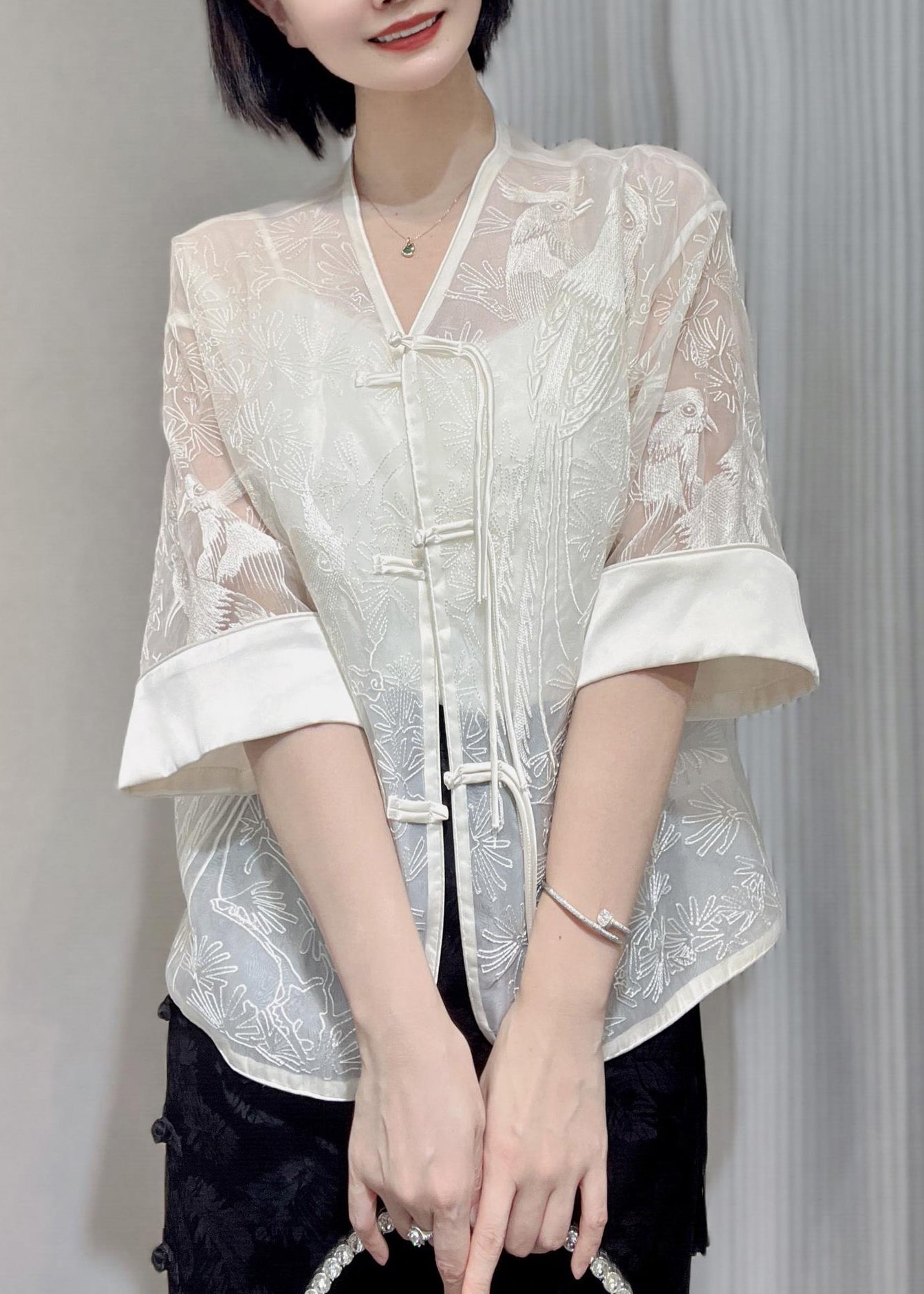 White Embroidered Button Silk Blouse Summer