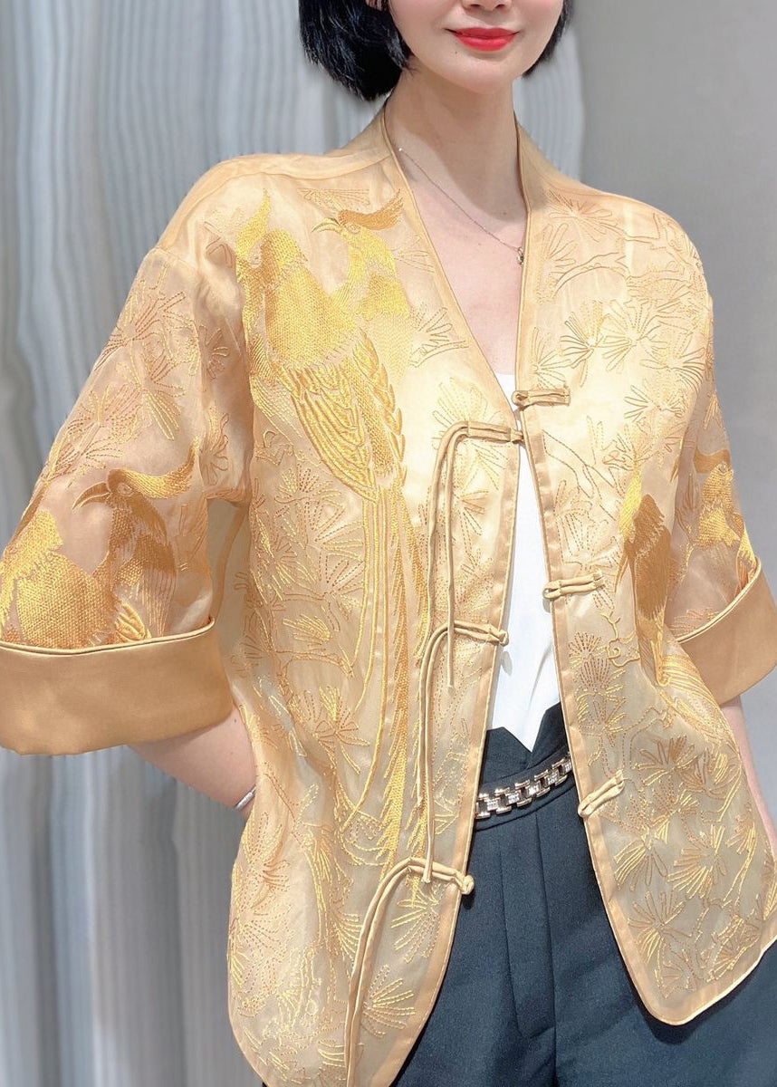 White Embroidered Button Silk Blouse Summer