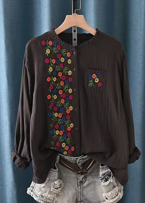 White Embroidered Ruffled Button Cotton Shirt Spring