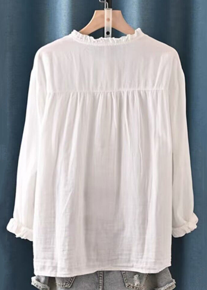 White Embroidered Ruffled Button Cotton Shirt Spring