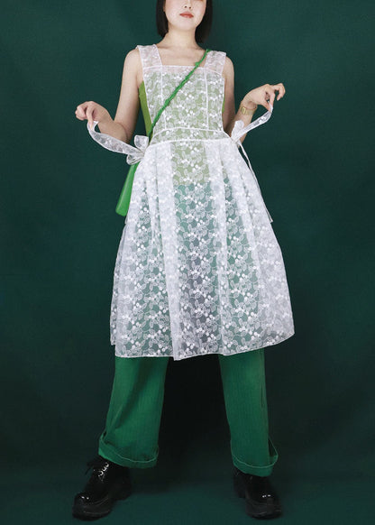 White Embroideried Bow Tulle Vacation Strap Dresses Summer