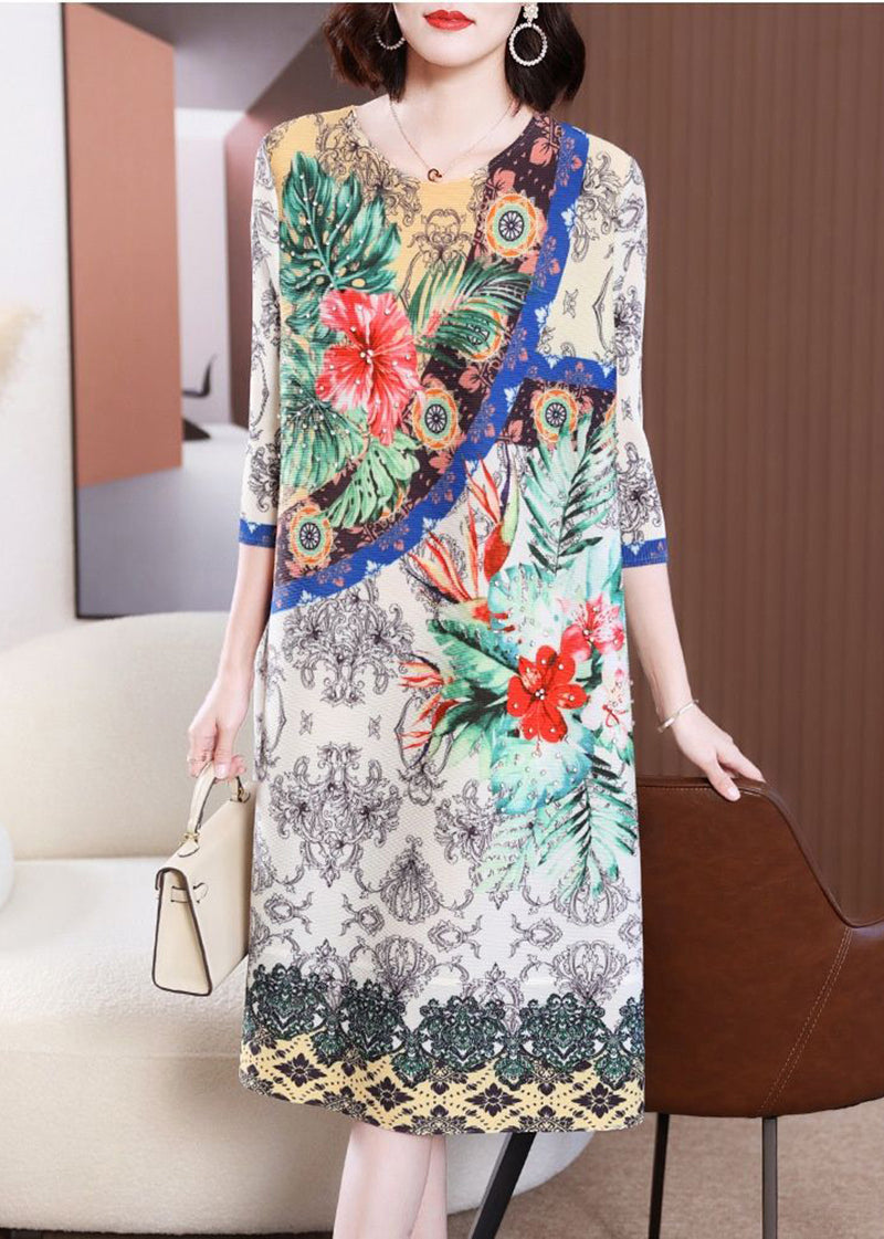White Print Wrinkled Maxi Dresses Bracelet Sleeve